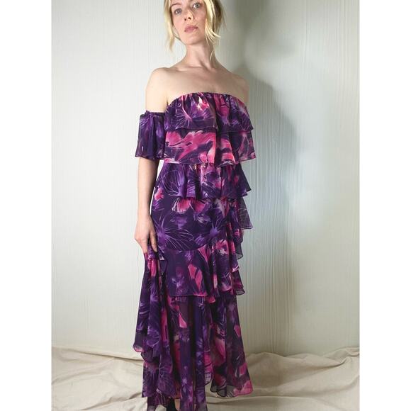 MISA LOS ANGELES Purple Floral Ruffled Off the Shoulder Maxi Dress US MEDIUM - Picture 4 of 15